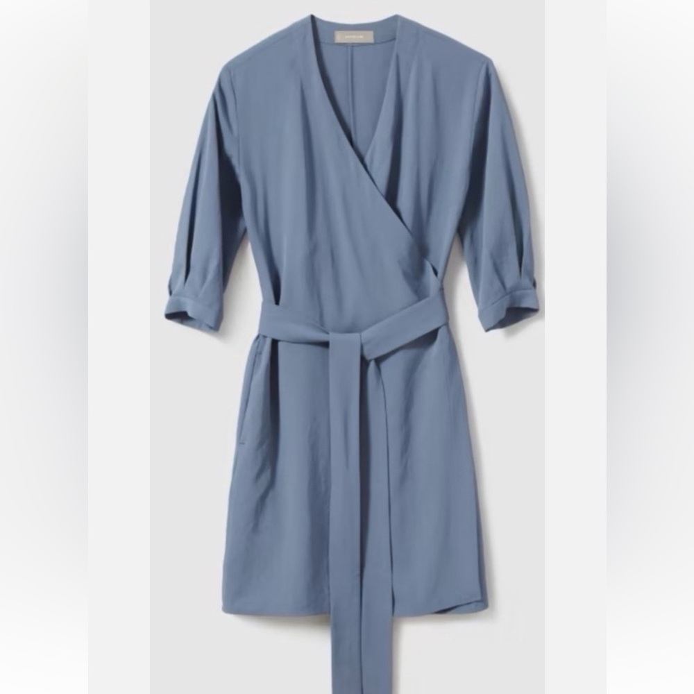 Everlane The Japanese GoWeave Long Sleeve Mini Wrap Dress Slate Blue 6 Secretary - Picture 3 of 9